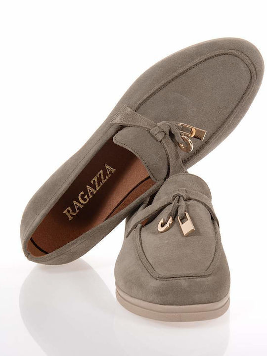 Leather Women's Loafers in Khaki Colour