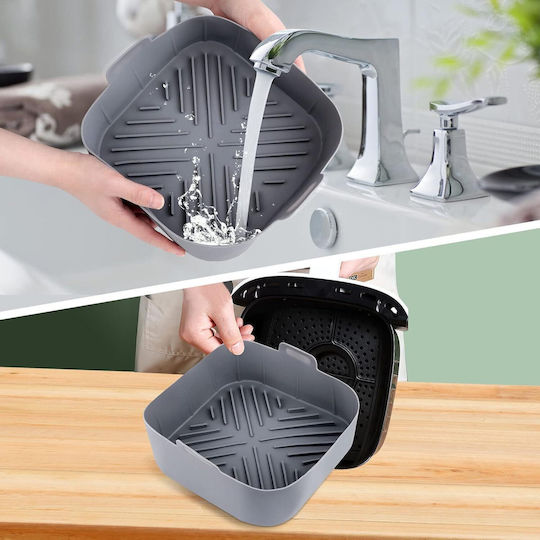 Formă Din Silicon Pentru Air Fryer Cuptor 20 X 20 X 6.5 Cm Mânere Antiaderentă Reutilizabilă Capacitate 1.5l Gri
