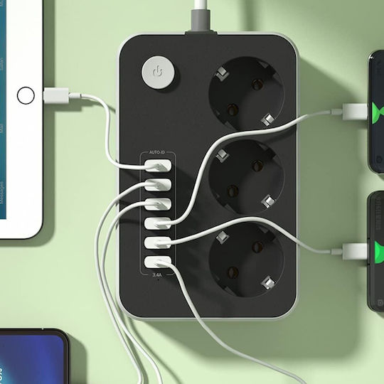 Bandă de Alimentare cu 3 Prize cu USB-A Comutator și Cablu de 2m