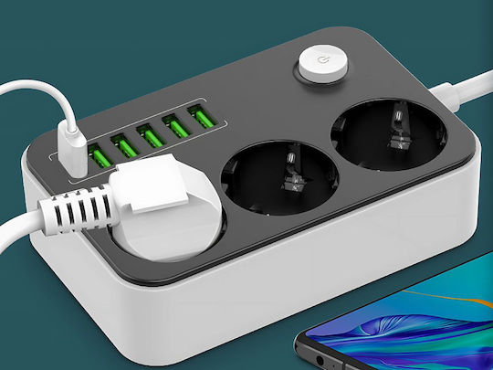 Bandă de Alimentare cu 3 Prize cu USB-A Comutator și Cablu de 2m