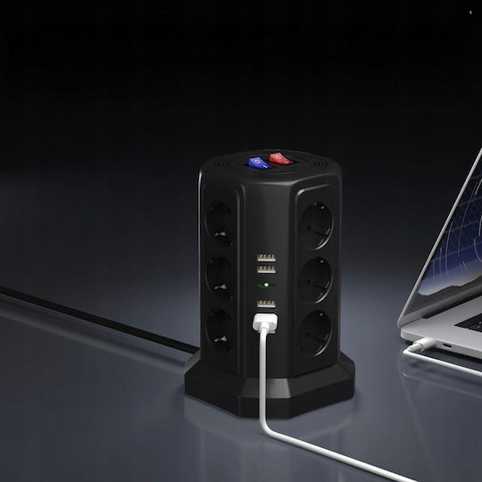 Bandă de Alimentare de Siguranță cu 12 Prize cu USB-A, Comutator și Cablu de 1,8m