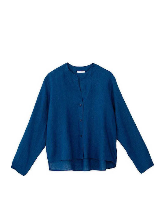 Long Sleeve Women's Linen Shirt Blue