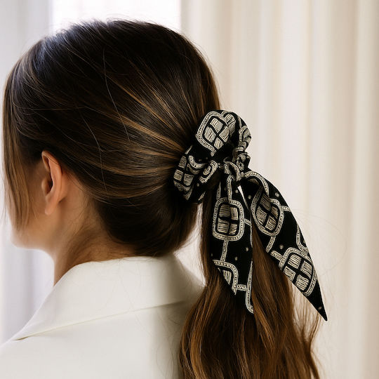 Avizar Scrunchie Long Scarf Hair In Printed Satin Chevron Graphic Beige Beige