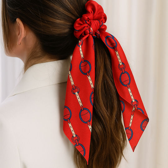 Avizar Scrunchie Eșarfă Lungă Pentru Păr În Satin Imprimat Baroc Roșu Sublim Roșu