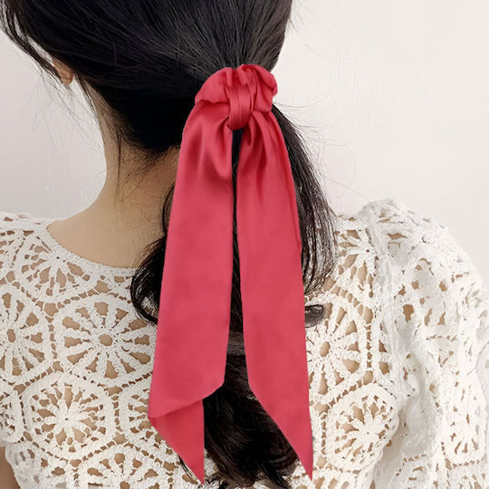 Avizar Scrunchie Eșarfă Lungă Păr Satin Nod Dublu Zburător Roz Coral Coral