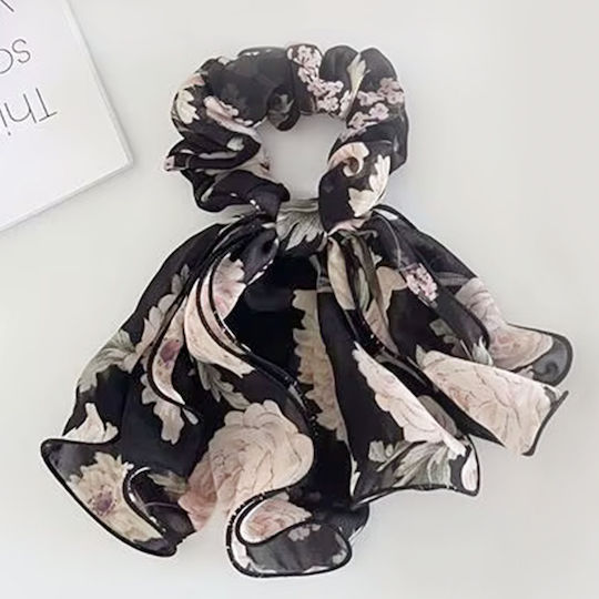 Avizar Scrunchie Scarf Hair In Thick Veil Maxi Floral Bohème Chic Noir Black