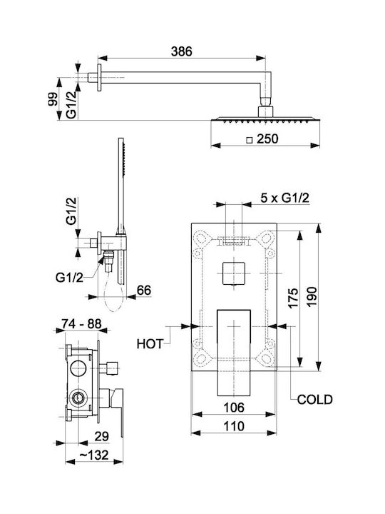 KFA Built-in Mixer Phone & Shower Head Set for Shower Black