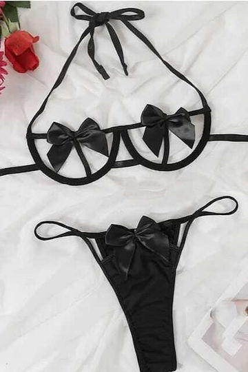 Set De Lenjerie Sexy Erotic Din 2 Bucăți Provocativ Cu Fundițe Aplicate Pentru Jocuri De Rol Cadou Negru