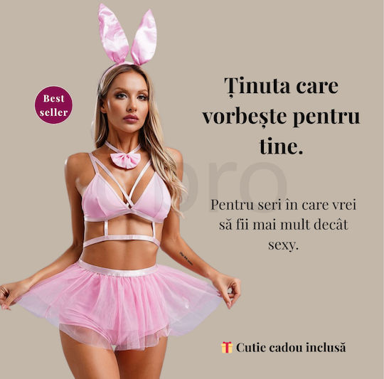 Set Sexy Playboy Bunny Pentru Femei Sutien Fustă Tul Urechi Papion Rol Jucărie Cadou Ambalaj Inclus Roz