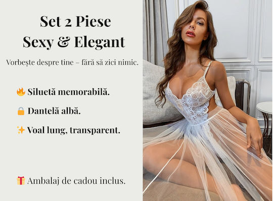 Set De Lenjerie Sexy 2 Bucăți Alb Cu Dantelă Body Erotic Și Fustă Transparentă Din Voal Ambalaj Cadou