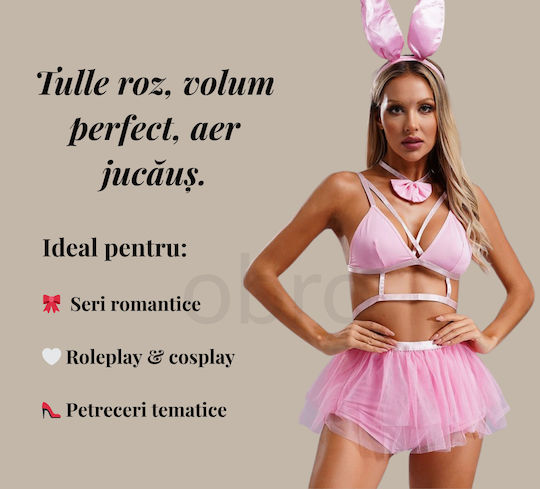 Set Sexy Playboy Bunny Pentru Femei Sutien Fustă Tul Urechi Papion Rol Jucărie Cadou Ambalaj Inclus Roz