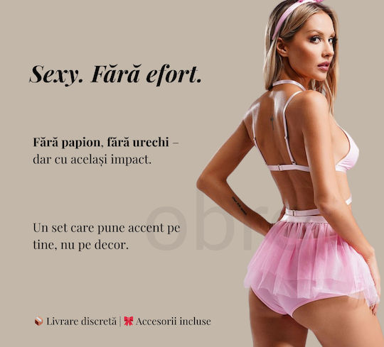 Set Sexy Playboy Bunny Pentru Femei Sutien Fustă Tul Urechi Papion Rol Jucărie Cadou Ambalaj Inclus Roz