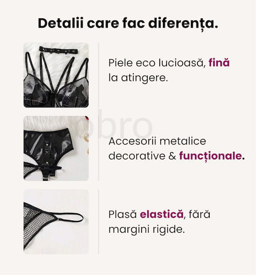 Set De Lenjerie Sexy 4 Bucăți Sutien Plasă Tanga Jartieră Și Colier Negru Piele Eco Ambalaj Cadou
