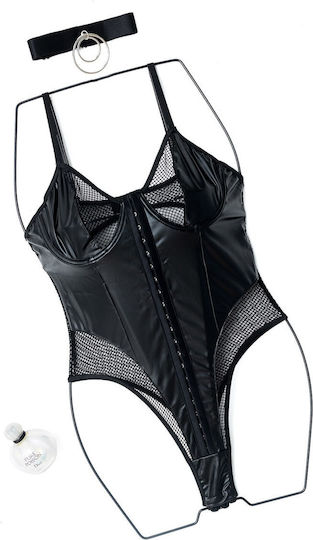 Set De Lenjerie Sexy 2 Bucăți Din Piele Eco Plasă Sutien Push-Up Colier Inel Metalic + Ambalaj Cadou Negru