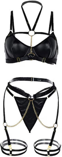 Set De Lenjerie Sexy 6 Bucăți – Body Harness Cupe Captusite Și Lanțuri Aurii Negre