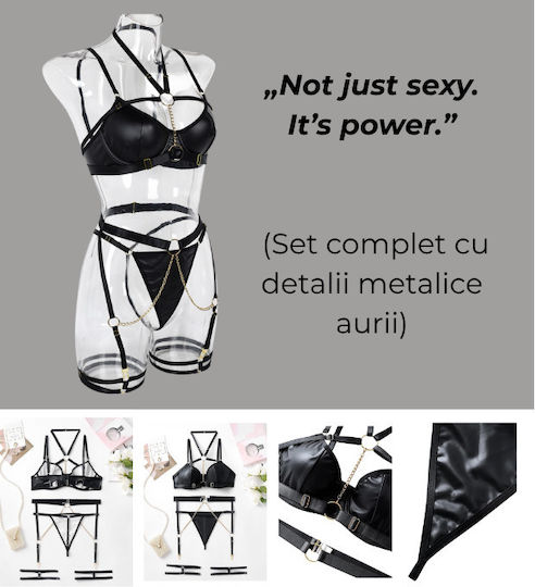 Set De Lenjerie Sexy 6 Bucăți – Body Harness Cupe Captusite Și Lanțuri Aurii Negre