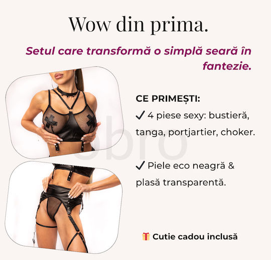 Set De Lenjerie Sexy 4 Bucăți Sutien Plasă Tanga Jartieră Și Colier Negru Piele Eco Ambalaj Cadou
