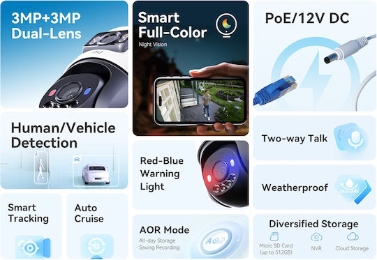 Imou IPC-PS70FP-6M0 IP Dual Κάμερα Παρακολούθησης 3+3MP Αδιάβροχη με Μικρόφωνο και Φακό 3.6mm