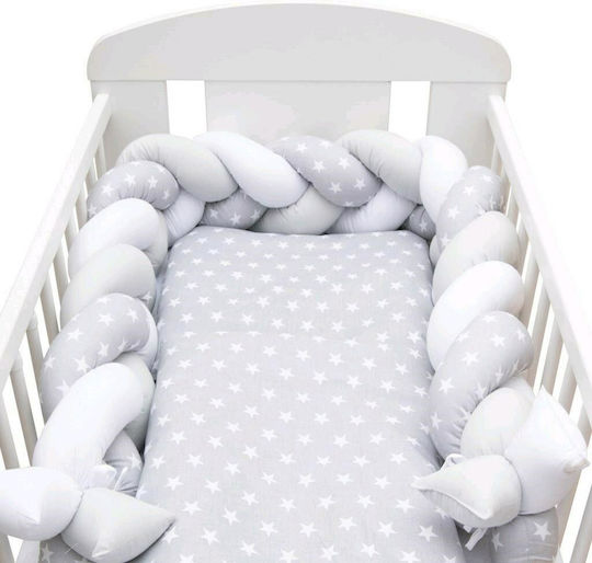 New Baby Crib Bumper Braided Inside Stars Grey White 225cm