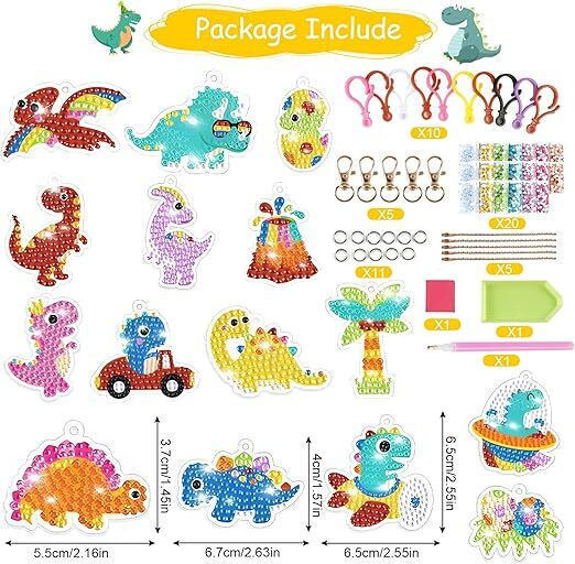 Set Breloc Mozaic Diamant Zola 15 Modele Dinozauri Pentru Copii Pietre Colorate Autocolante Multicolore