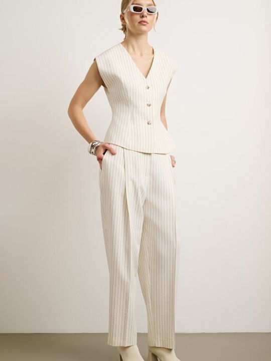 Women's Ecru Set with High Rise Striped Straight Leg Trousers