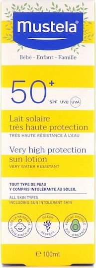 Mustela SPF50+ Αδιάβροχο Βρεφικό Αντηλιακό Γαλάκτωμα για Πρόσωπο & Σώμα 100ml