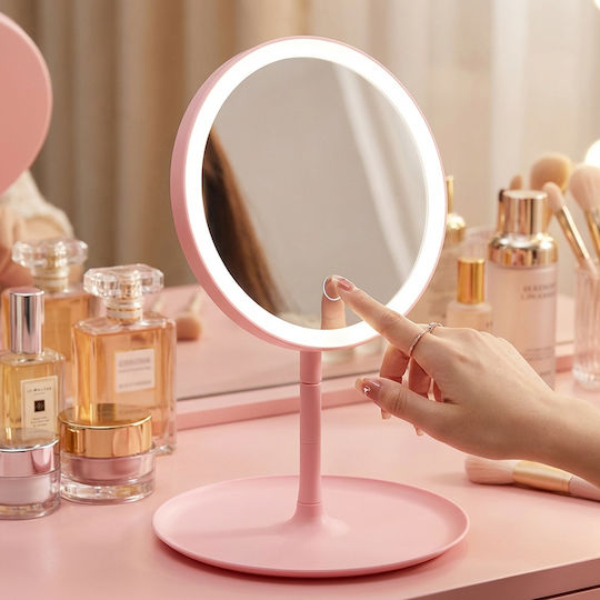 Avizar Round Led Makeup Mirror On Stand Front Control Pink
