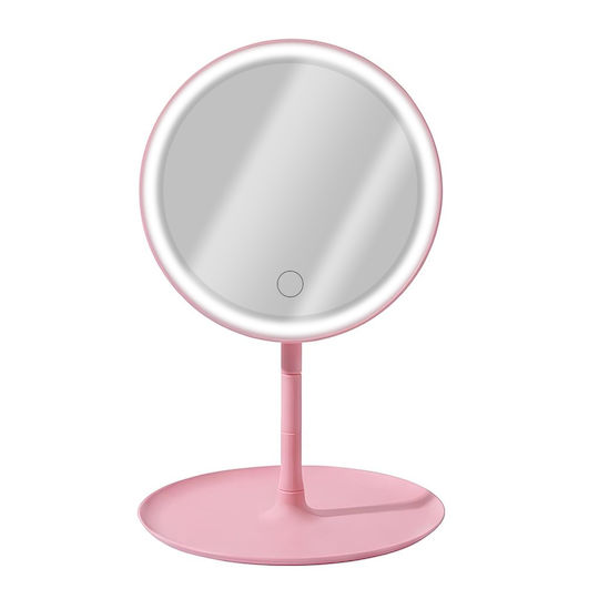 Avizar Round Led Makeup Mirror On Stand Front Control Pink