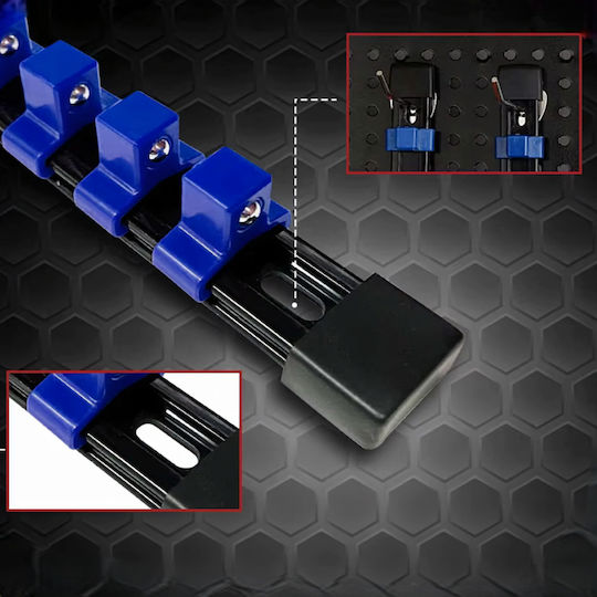 Organizator Șină Cu 16 Sloturi Chei Tubulare Mărimea 1/4" Cu Acționare Metal Plastic Pp 35 X 2,7 Cm Negru Albastru