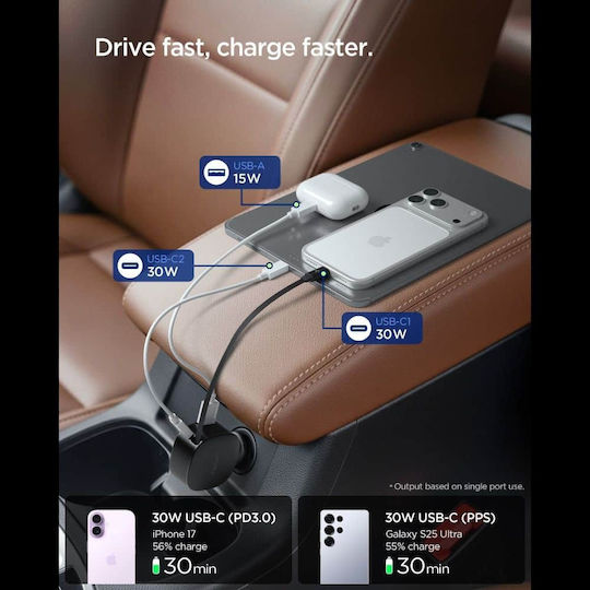 Spigen Essential Ev603bt Auto-Ladegerät 60W Schnellladung mit Anschlüssen: 1xUSB 2xType-C mit Kabel Typ-C,TC-TC Schwarz Farbe