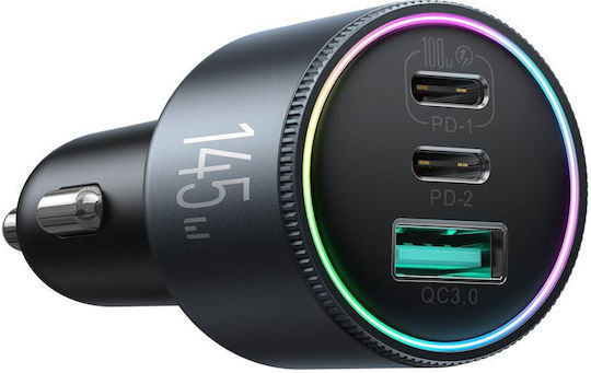 Joyroom Car Charger 145W 5A with Ports 1xUSB 2xType-C with Type-C Cable Grey Colour