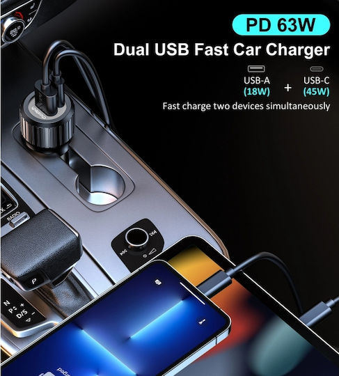 Choetech Choetech Handy-Autoladegerät 63W 3A mit Anschlüssen: 1xUSB-A 1xType-C Schwarz Farbe