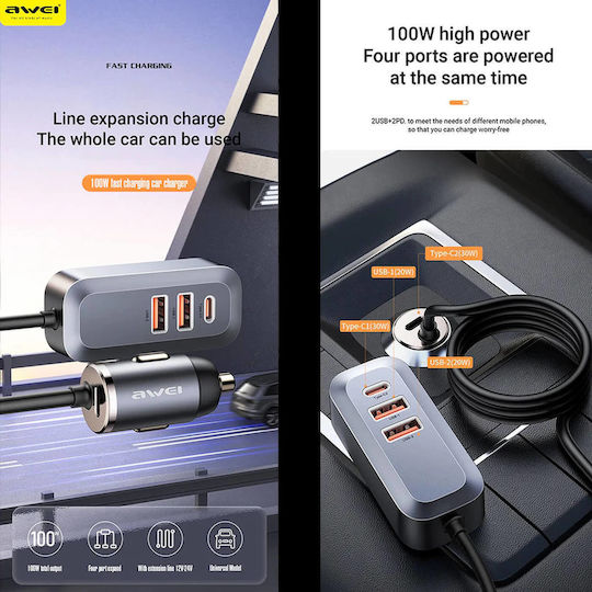 Awei Car Charger 100W 2.4A Fast Charging with Ports: 2xUSB with Cable Type-C