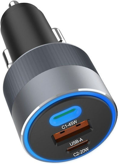 Forcell F-energy Car Charger 65W 4.5A Fast Charging with Ports 1xUSB 2xType-C Gray Colour