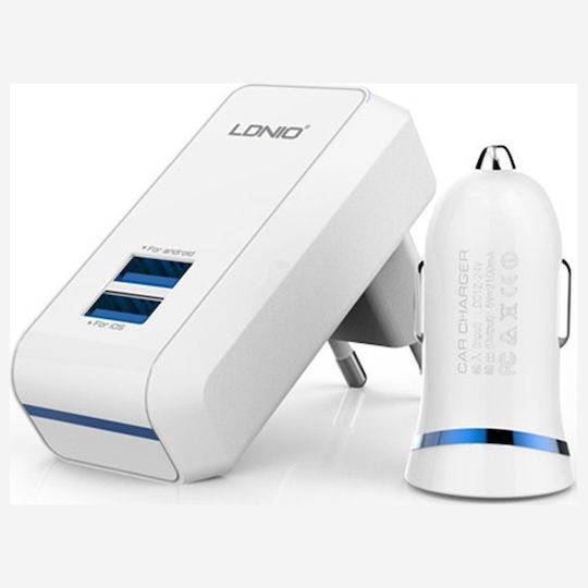 Ldnio S100 Car Charger 2.1A with 2x USB-A Ports and Lightning Cable White Color