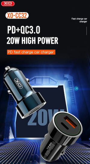 XO Φορτιστής Αυτοκινήτου CC32 20W 3A Γρήγορης Φόρτισης με Θύρες: 1xUSB 1xType-C Μαύρος