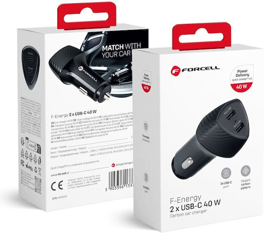 Forcell Автомобилен Заряден Устройство 40W Бързо Зареждане с 2x USB-C Порта Черен Цвят