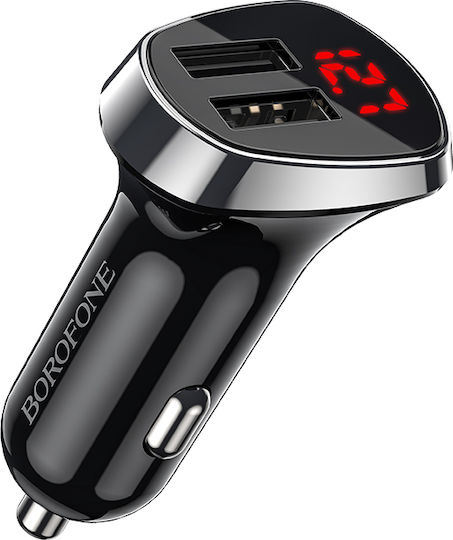 Borofone BZ15 LCD Auto-Ladegerät 2.4A mit Anschlüssen: 2xUSB mit Kabel Blitzschlag und Voltmeter Schwarz Farbe