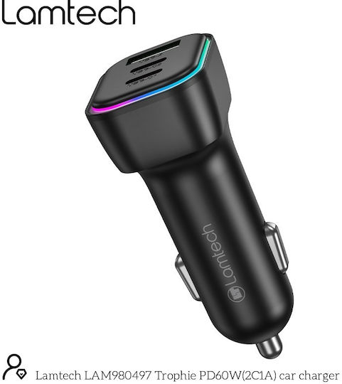 Lamtech Car Charger 60W 2.75A Fast Charging with Ports: 1xUSB 2xType-C with Cable Embedded Black Color