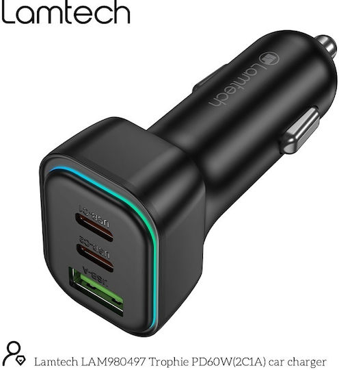 Lamtech Car Charger 60W 2.75A Fast Charging with Ports: 1xUSB 2xType-C with Cable Embedded Black Color
