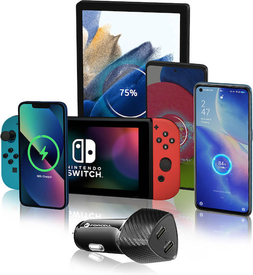 Forcell Автомобилен Заряден Устройство 40W Бързо Зареждане с 2x USB-C Порта Черен Цвят
