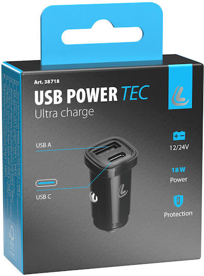 Lampa Power Tec Φορτιστής Αυτοκινήτου 18W Γρήγορης Φόρτισης με Θύρες: 1xUSB 1xType-C