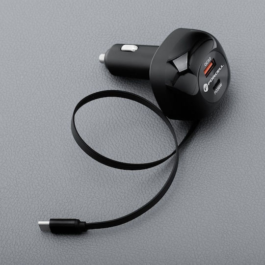 Forcell F-energy Auto-Ladegerät 75W 3A Schnellladung mit Anschlüssen: 1xUSB 1xType-C mit Kabel Typ-C,TC-TC Schwarz Farbe