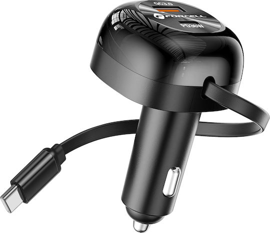 Forcell F-energy Auto-Ladegerät 75W 3A Schnellladung mit Anschlüssen: 1xUSB 1xType-C mit Kabel Typ-C,TC-TC Schwarz Farbe