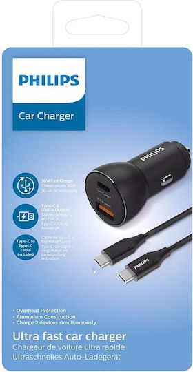 Philips Încărcător Auto Cu Mufă De Brichetă 36W 3A Cu Porturi 1xUSB-A 1xType-C Împreună Cu Cablu Type-C Culoare Neagră