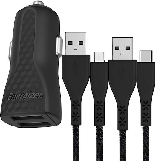 Energizer Auto-Ladegerät 12W 2.4A mit Anschlüssen: 2xUSB mit Kabel Mikro-USB Schwarz Farbe