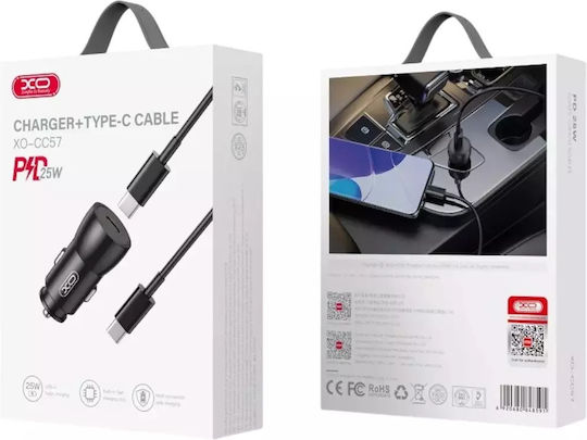 XO Φορτιστής Αυτοκινήτου 25W 2A με Θύρες: 1xUSB 1xType-C μαζί με Καλώδιο Type-C Μαύρος