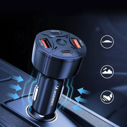 Wozinsky Φορτιστής Αυτοκινήτου 60W 2.5A με Θύρες: 2xUSB 2xType-C Μαύρο Χρώμα
