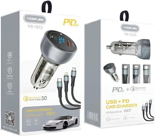Yesplus Auto-Ladegerät 30W 2.25A Schnellladen mit Anschlüssen: 1xUSB 1xType-C zusammen mit Mikro-USB / Type-C Kabel Silber Farbe