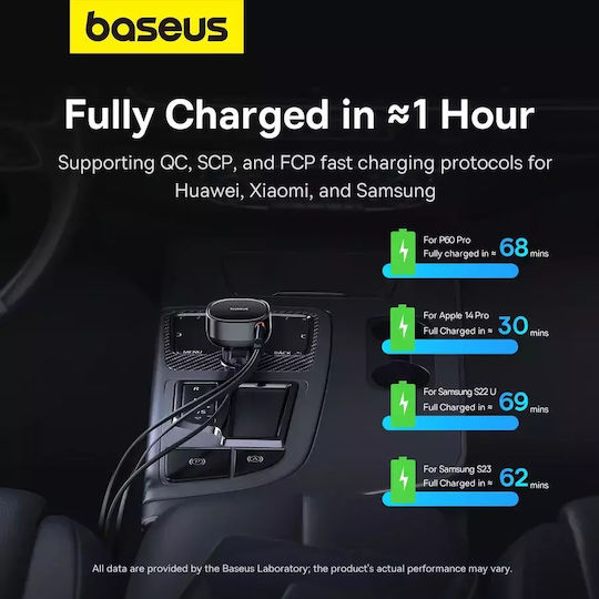 Baseus Pro Cell Phone Car Charger 55W 7A Fast Charging With One Port 1xType-C With Lightning Cable Black Colour